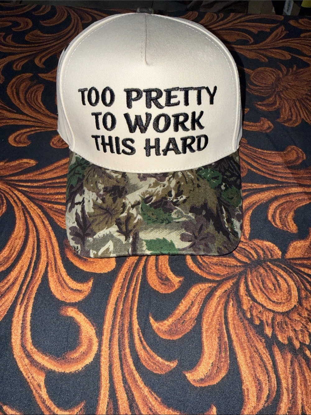 NWOT Cream Trucker Hat with Camouflage Brim - "Too Pretty To Work This Hard"